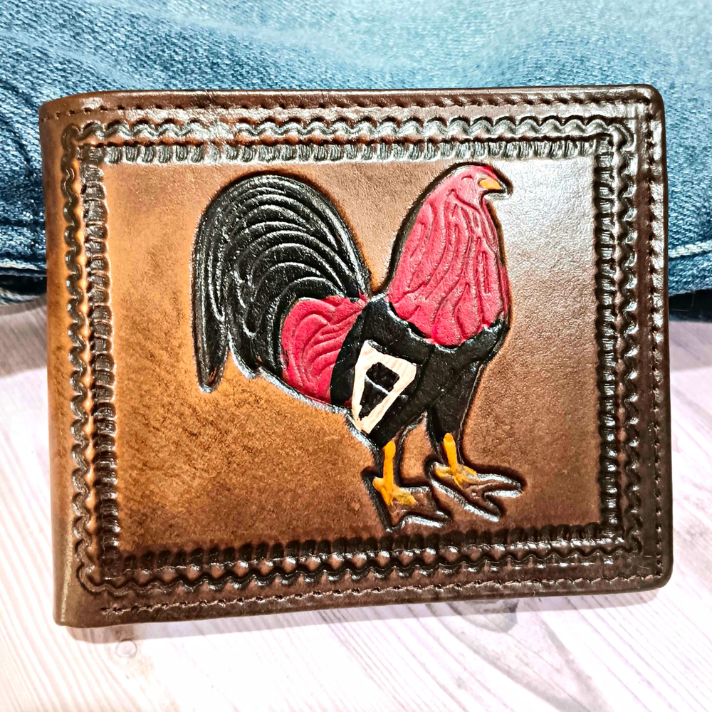 Rooster Western Wallet genuine leather embossed painted bifold credit card brown